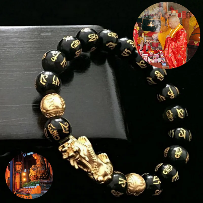 Feng Shui Bracelet For Men Women Natural Real Beads Stone Black Obsidian Pure Copper Pixiu  Buddha  Good Lucky Amulet Jewellery