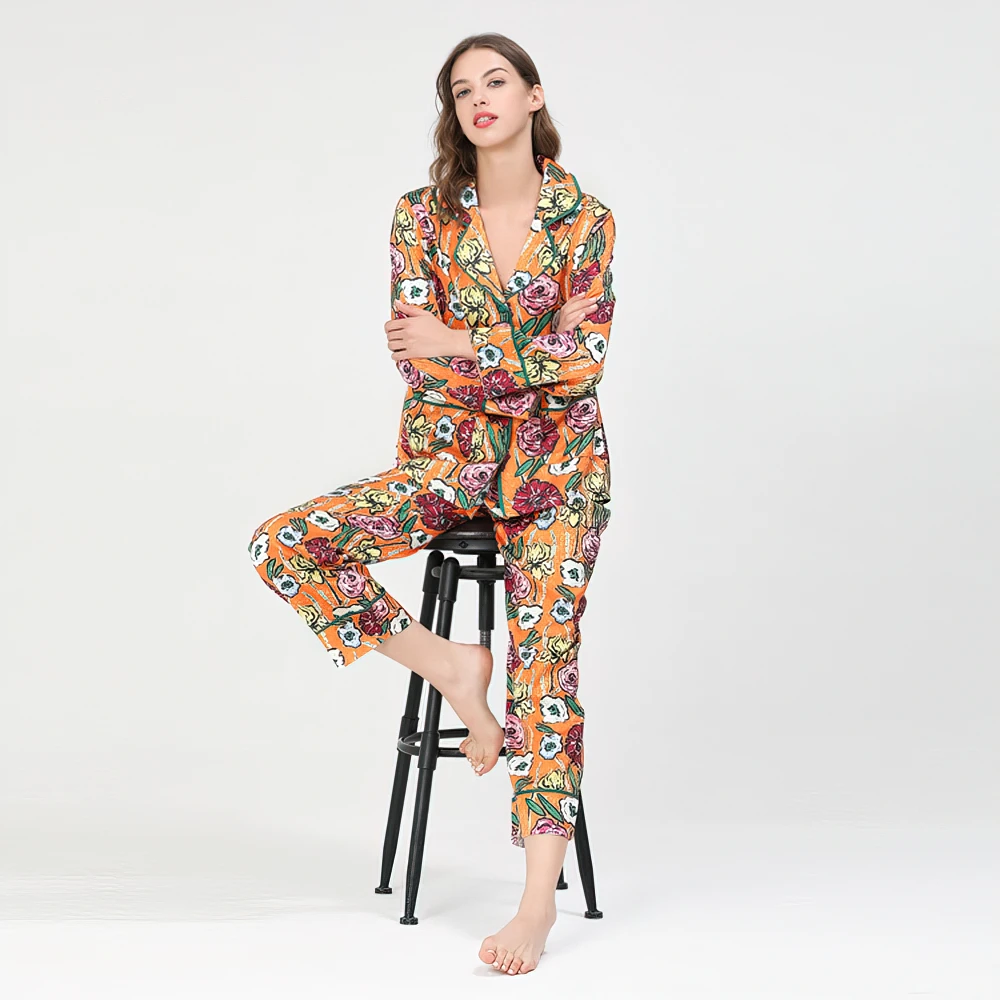 

Maison Gabrielle 2021 New Summer Floral Printed Silk Satin Pajamas Set Loungewear Sleepwear for Women 2Pcs Long Sleeve Pyjama