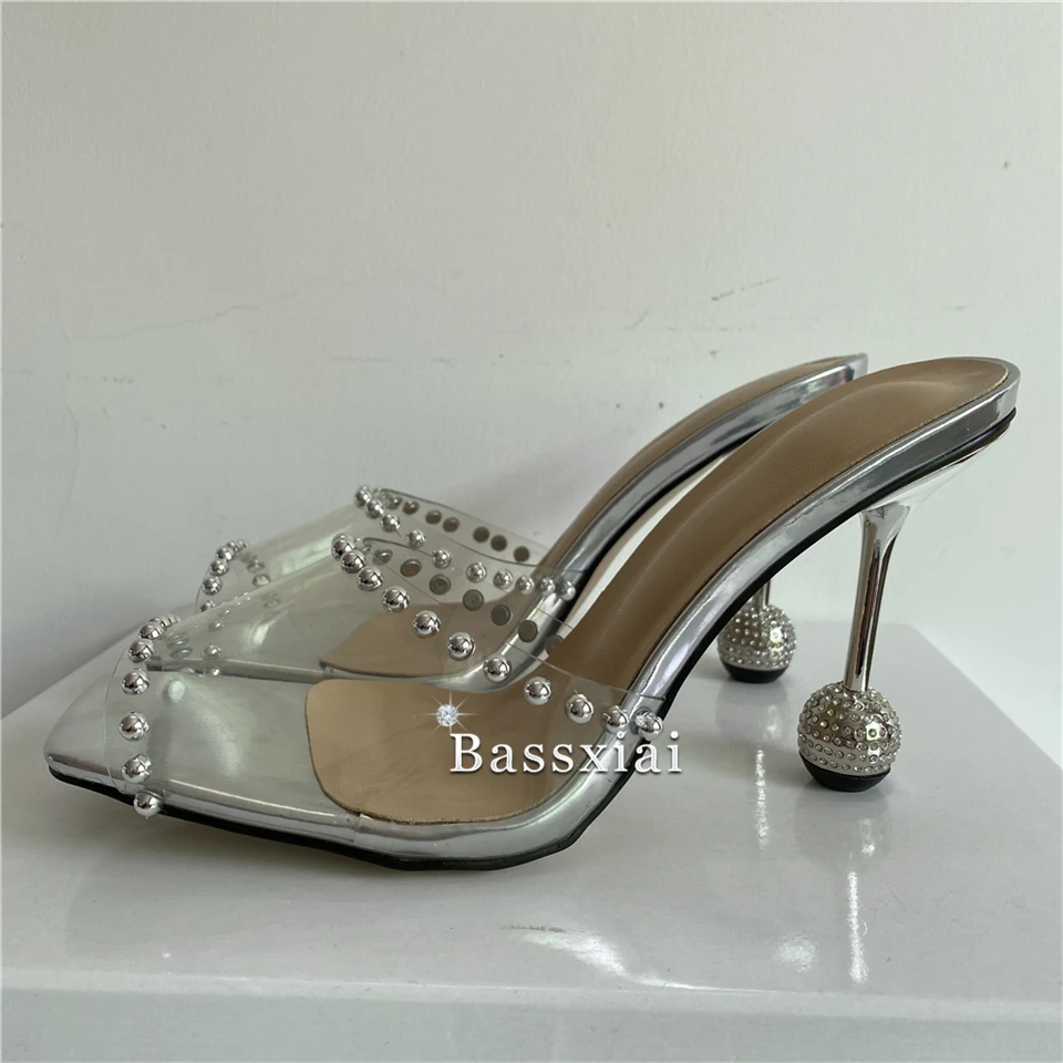 Сандалии женские на странном каблуке атласные туфли без задника с хрустальным