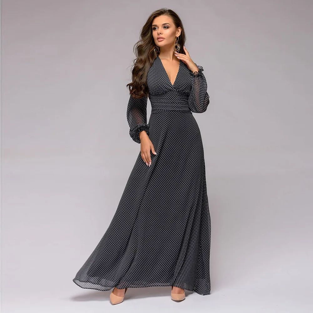 

2021 boho dress new black V-neck high waist polka dot printing long sleeve fashion slim temperament long dress