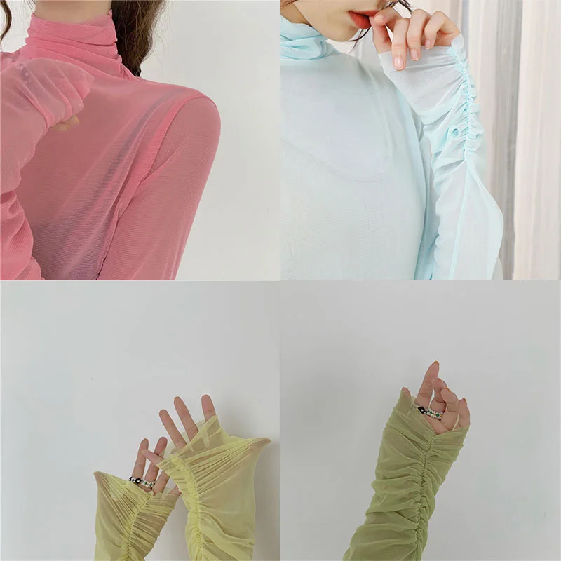 

Club Tees Women Tops Mesh Blouse T Shirts Long Sleeve Candy Color Stand Collar Hip Hop Streetwear Women Summer Clothes