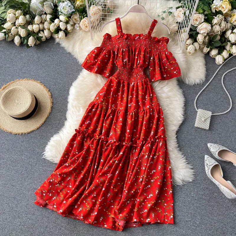 

Elegant Women Slash Neck Off Shoulder Strap Flare Sleeve Ruffles Chic Floral Dress Lady Sexy Elastic Slim Waist Party Midi Dress