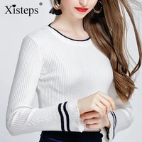 xisteps knitted o neck flare sleeve stripe blosuse for women new slim fit all match tops office lady elegant clothing 2019