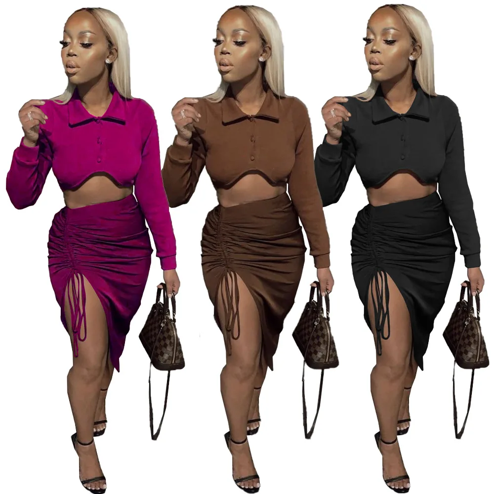 

Fall 2021 womens fashion Autumn Solid Color Long Sleeve 2 Piece Mini Bodycon Women Two Piece Skirt Sets Womens Outfits