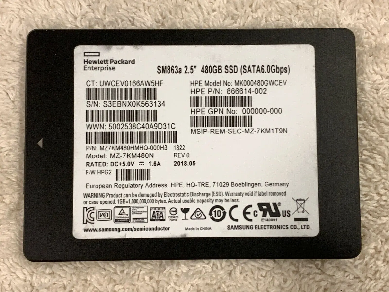 

HP SM863a 480GB SATA 6 ГБ/сек. 2,5 "SSD MK000480GWCEV 866614-002