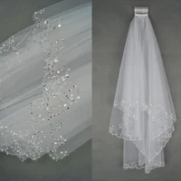 distinctive design pearls tulle wedding veil ribbon edge bridal veil comb veu de noiva longo 2023