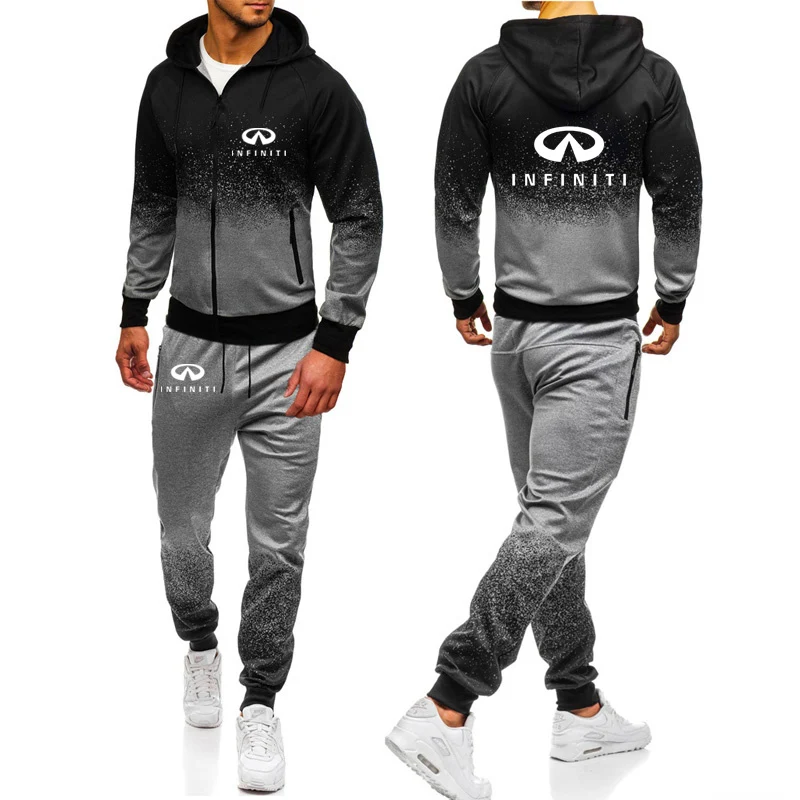 

Spring Autumn Men's jackets Infiniti Car Logo Printing Gradient Casual Cotton High quality Men's jacket hoodie pants 2Pcs suit