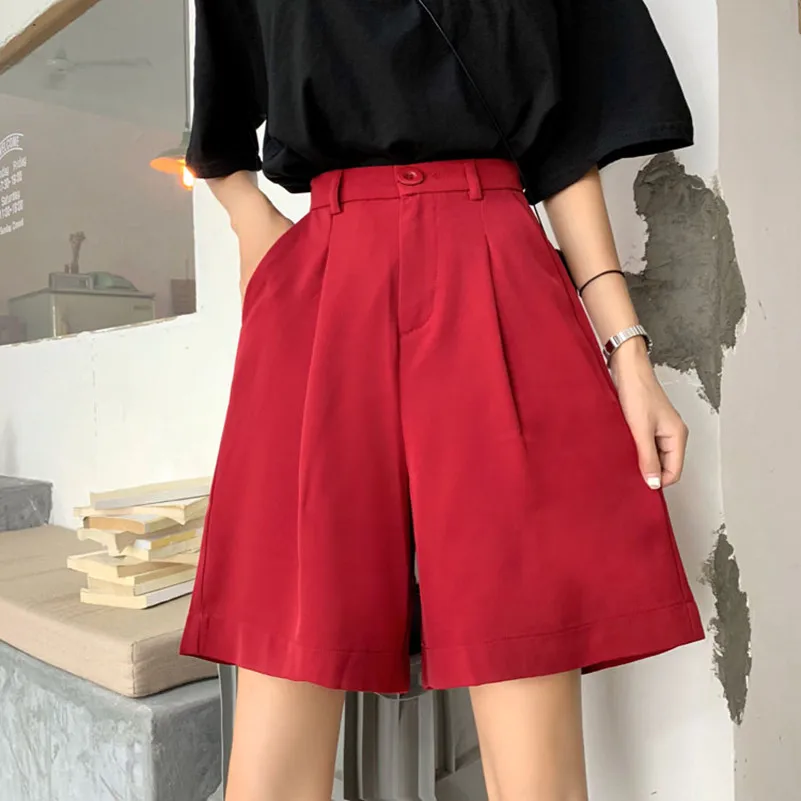 

Red Shorts Women Loose High Waist Wide Leg Solid Plus Size Straight Summer Korean Fashion Black Shorts Elastic Waist