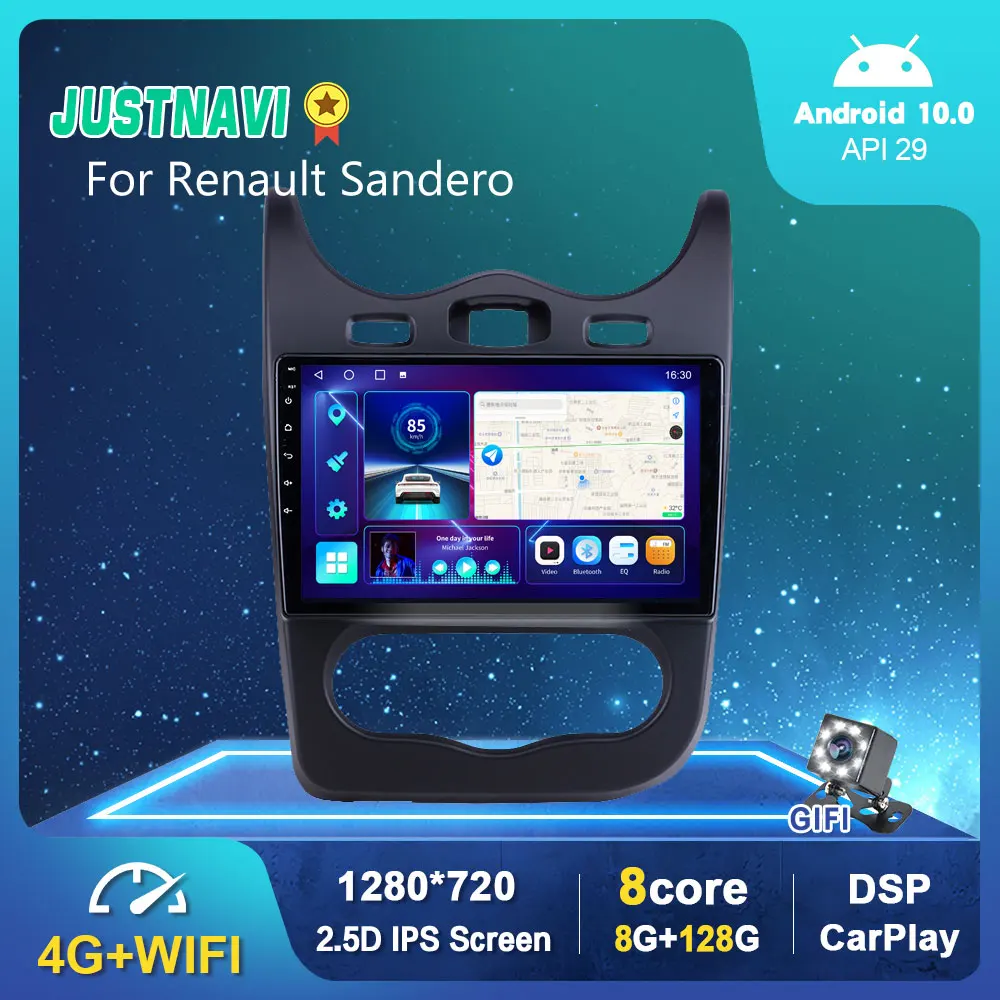 

JUSTNAVI GPS Car Radio For Renault Sandero 2009-2013 DSP Auto Stereo 4G WIFI Carplay Android 10.0 Navi Multimedia Player No DVD