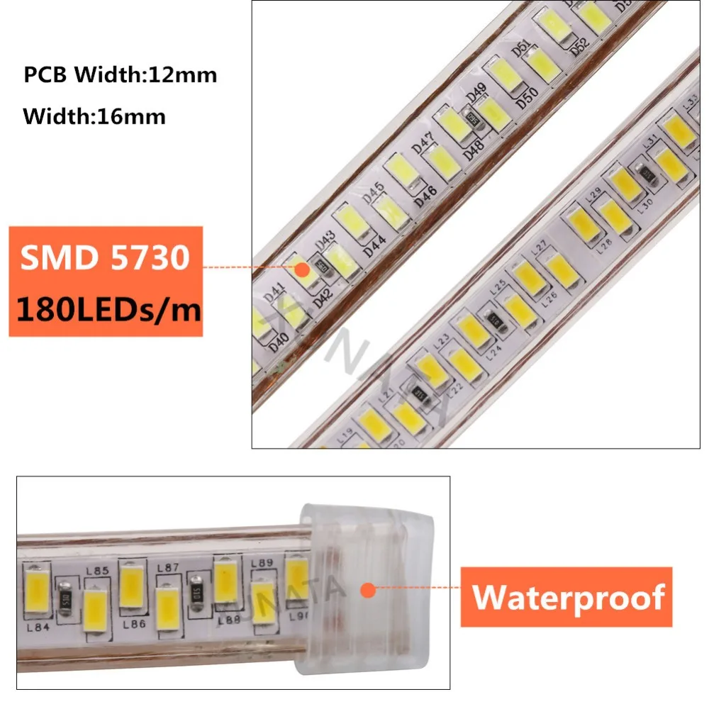 SMD 5730 Светодиодная лента 180 светодиодный s/m лента гибкий светодиодный светильник водонепроницаемая лента с выключателем на 110 В 220 в наружный светильник ing лампа