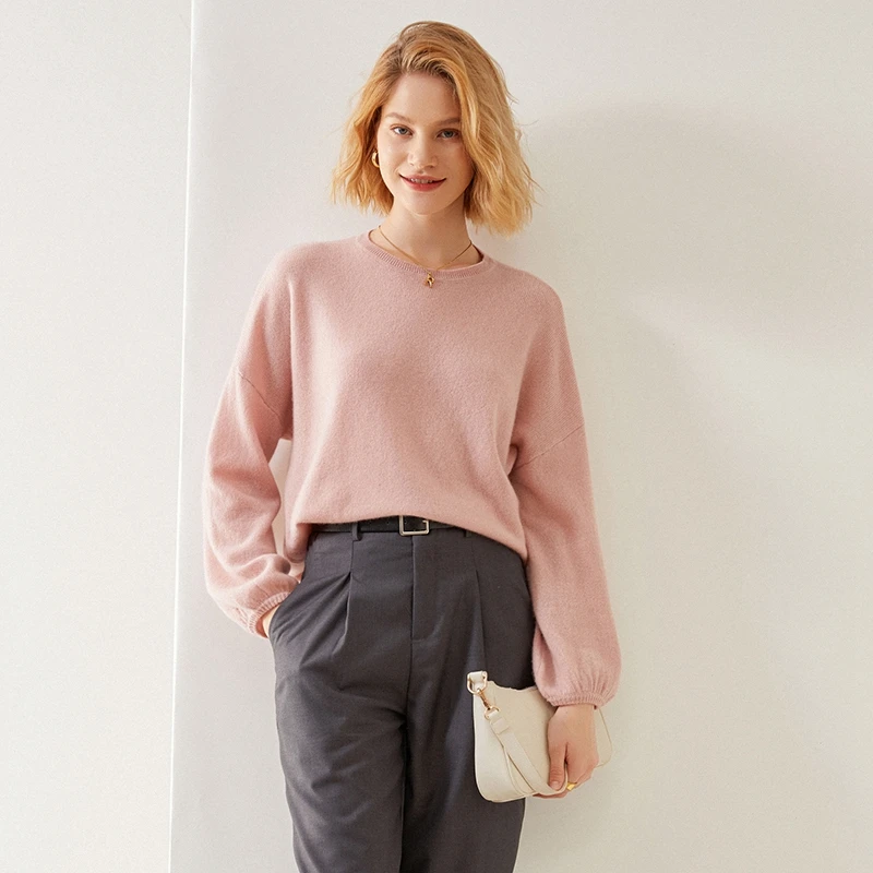 

2021 Spring Autumn New 100%Pure Cashmere Sweater Women O-Neck Knit Large Size Pullover Warm High-End Tops Puff Sleeve Base Shirt