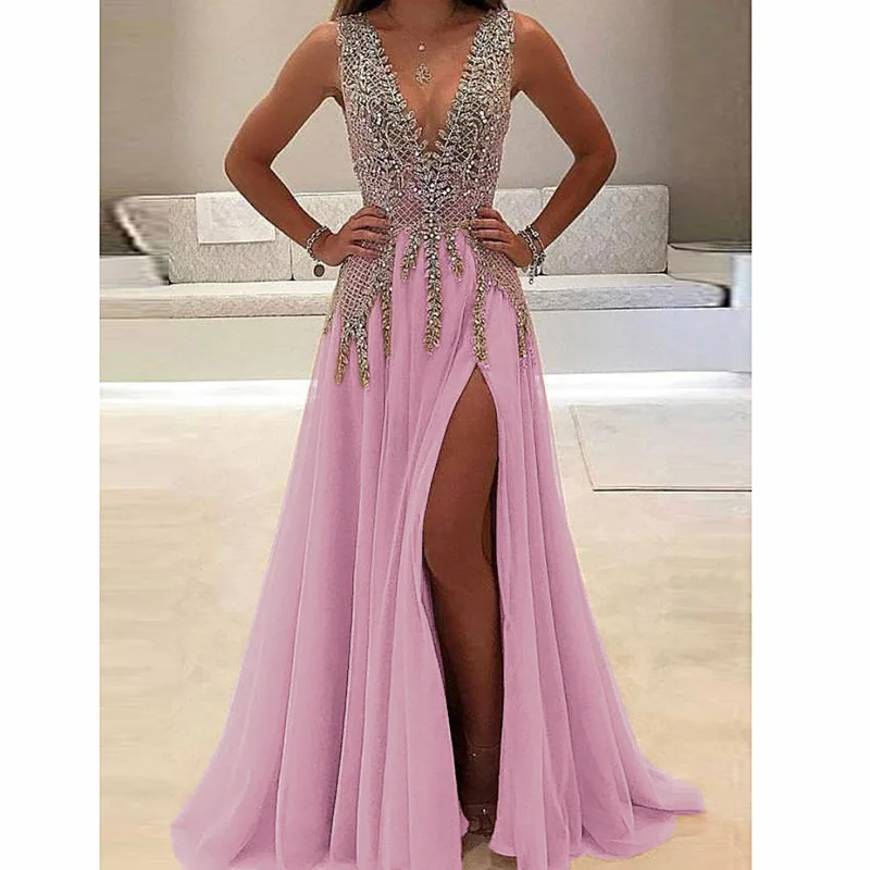 Женское вечернее платье без рукавов сексуальное длинное с V-образным вырезом для
