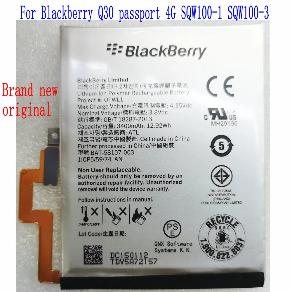 

Оригинальный аккумулятор 3400mAh BAT-58107-003 для Blackberry Q30 Passport 4G SQW100-1 SQW100-3 мобильного телефона