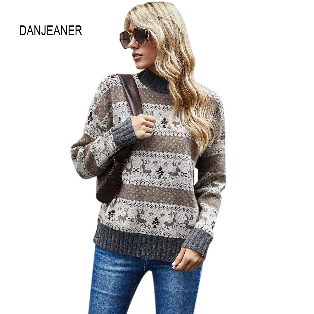 

DANJEANER модные Рождественские свитера с высоким воротником женские вязаные пуловеры с длинным рукавом и принтом оленя на осень и зиму шикарны...