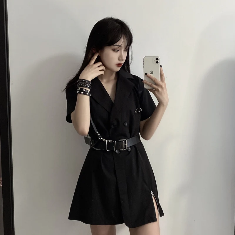 

2021 Summer Summer dress women short sleeve Gothic Punk undefined Kawaii harajuku aesthetic Buttons Black Y2k clothes plus size