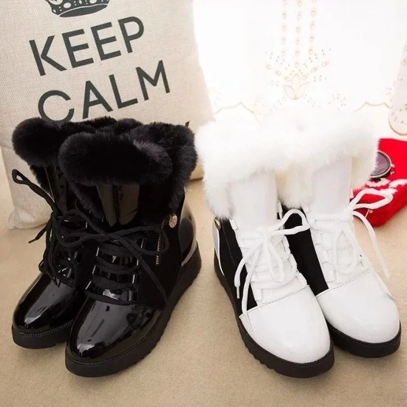 

2021 winter new furry snow boots women's inner heightening short boots lace up plus velvet warm fashion cotton boots