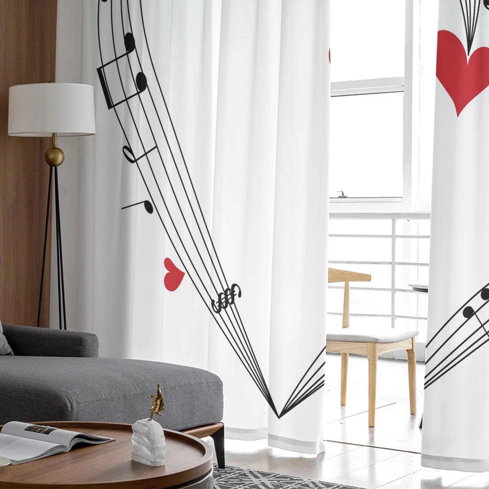 Шторы из вуали с музыкальным символом и красным сердцем занавески для гостиной