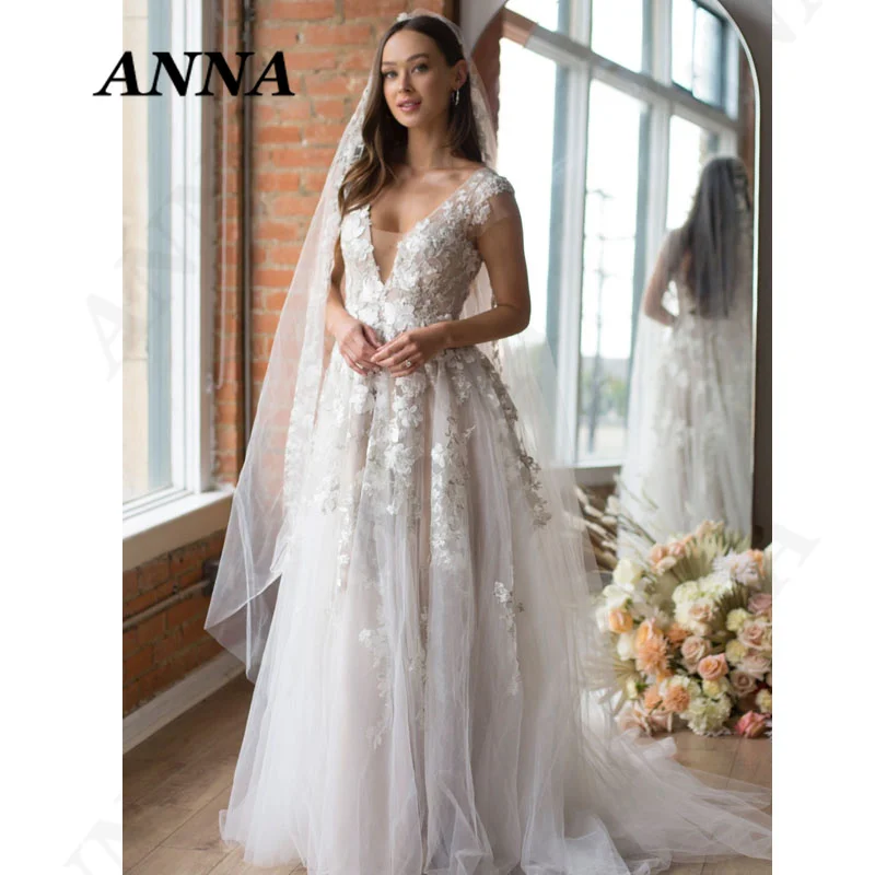 

ANNA-BEAUTY Store Wedding Dresses 2021 Simple V-Neck A-Line Tulle Beach Party Gown Elegant Appliques Vestido De Novia for Women