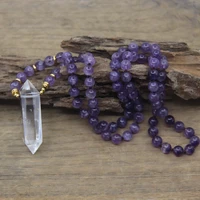 knotted handmade yoga necklace natural crystal double point pendants amethysts quartz 8mm round beads mala women jewelryqc0111