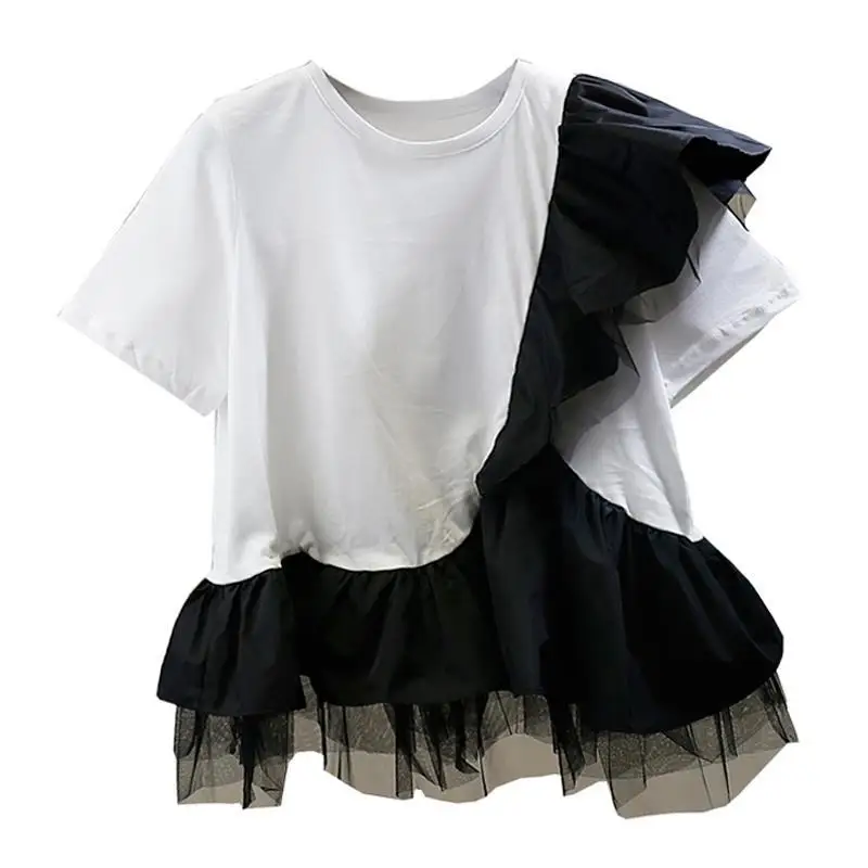 

ZAWAHIKI Korean Fashion Casual T-Shirts Summer O Neck Short Sleeve Gauze Ruffles Contrast Color Patchwork Tops Loose Ropa Mujer