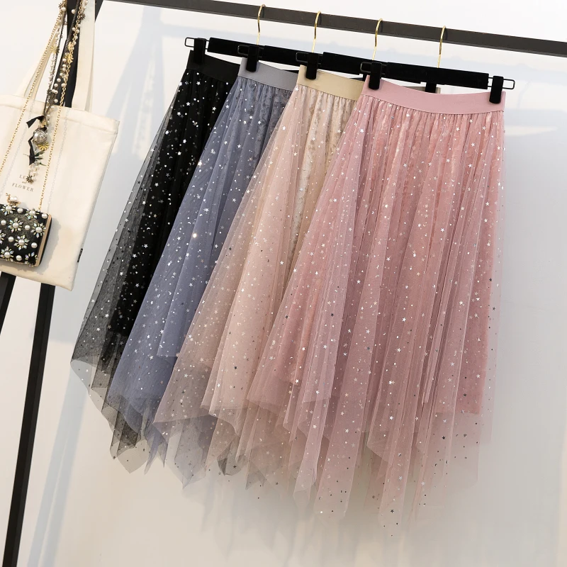 

Korean Stars Sequined Puff Skirt Women Layered Tulle Tutu Summer Galaxy Mesh Starry Metallic Sweet Fairy Pleated Long Skirts