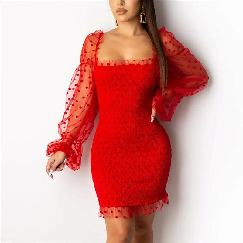 Женское Сетчатое облегающее мини-платье с пышными рукавами вечернее
