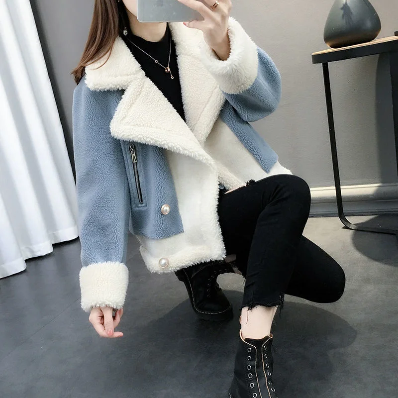 

2021 Autumn Winter New Lamb Wool Coat Women's Short Loose One Piece Of Fur Warm Thicken Lambswool Splicing Jacket Female