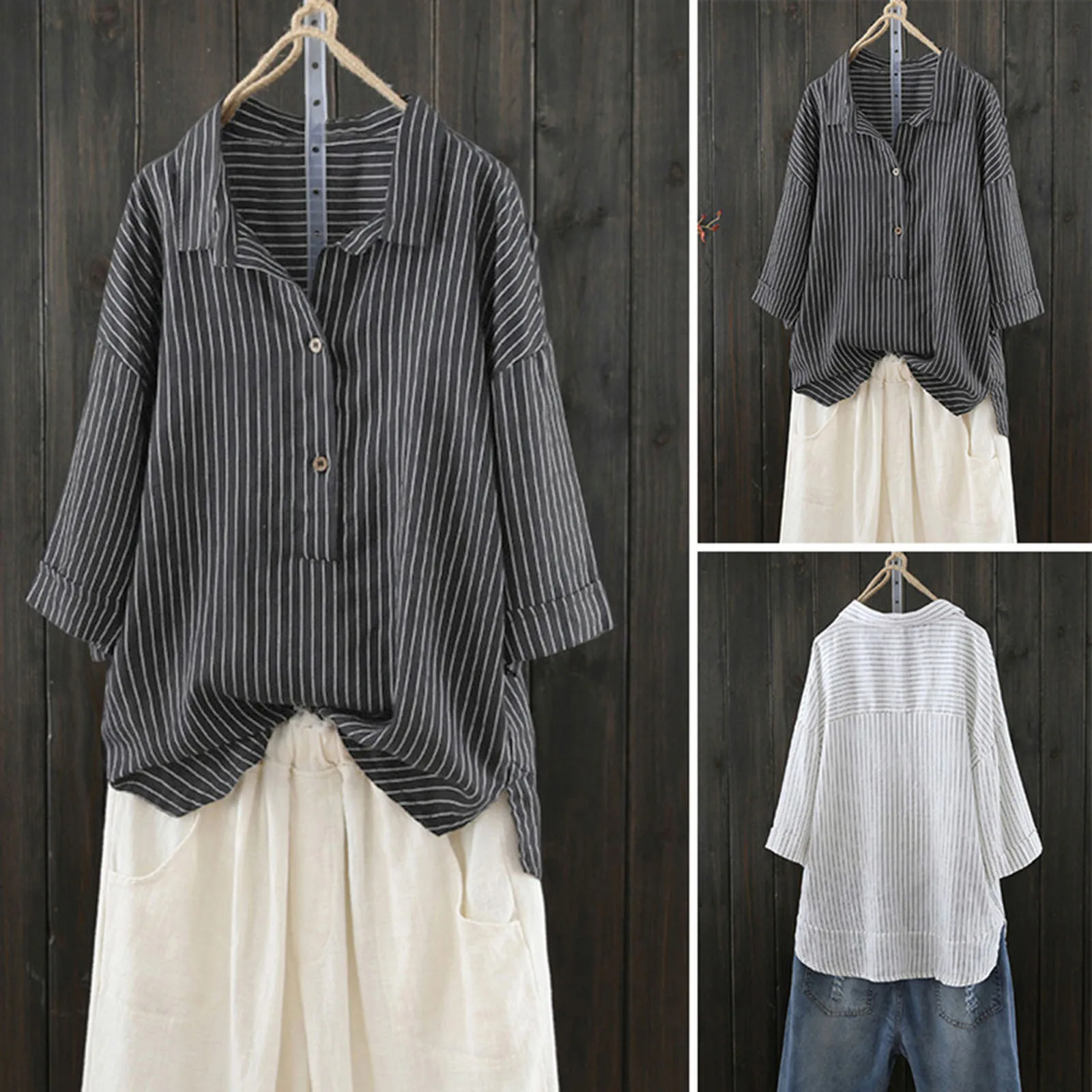 

Summer Women Shirts Women Cotton And Linen Button Up Pullover Striped Top Blouse Office Comfortable Casual Vintage Women Tunic