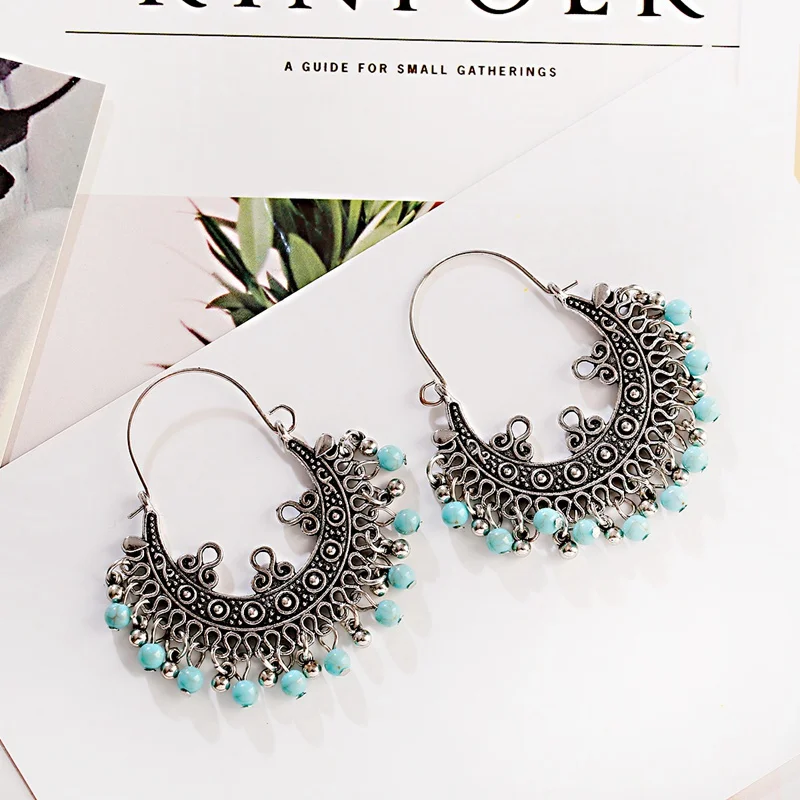 Женские винтажные этнические серьги серебристого цвета висячие с зелеными
