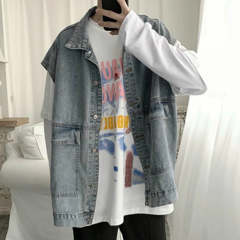 

Vest Men Turn-down Collar Denim Leisure Couples Chic Womens Sleeveless Coats Teens Waistcoats Harajuku All-match New