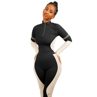 Fashion Women Casual Sets Contrast Patchwork Stand Collar Zipper Crop Tops  High Waist Pants Tracksuits For Sports Party S-XXL