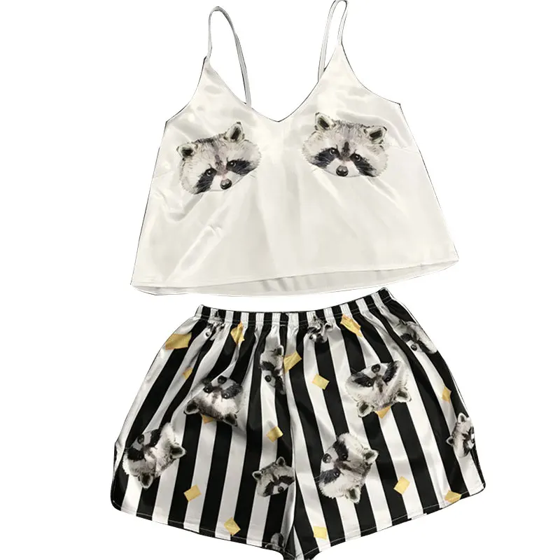 

2Pcs Set Pajama Summer V Neck Pajamas Lady Lovely Sleepwear Women Spaghetti Strap Loose Sleepwear Cartoon Print Tops Vest Shorts
