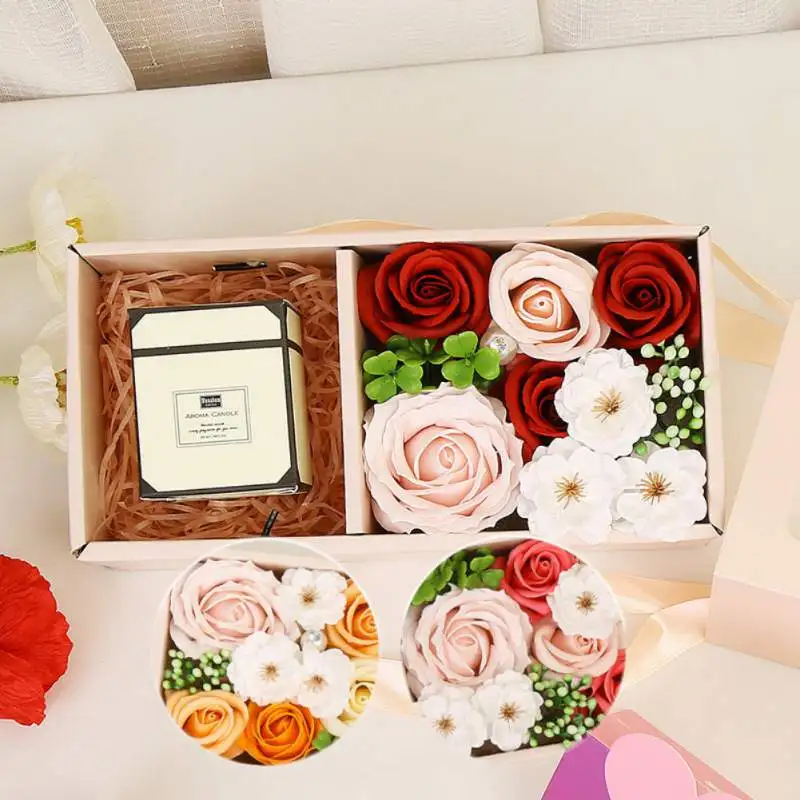 

Artificial Flower Soap Romantic Rose Flower Gift Box With Aroma Candle For Valentine's Day Anniversary Wedding Decoration