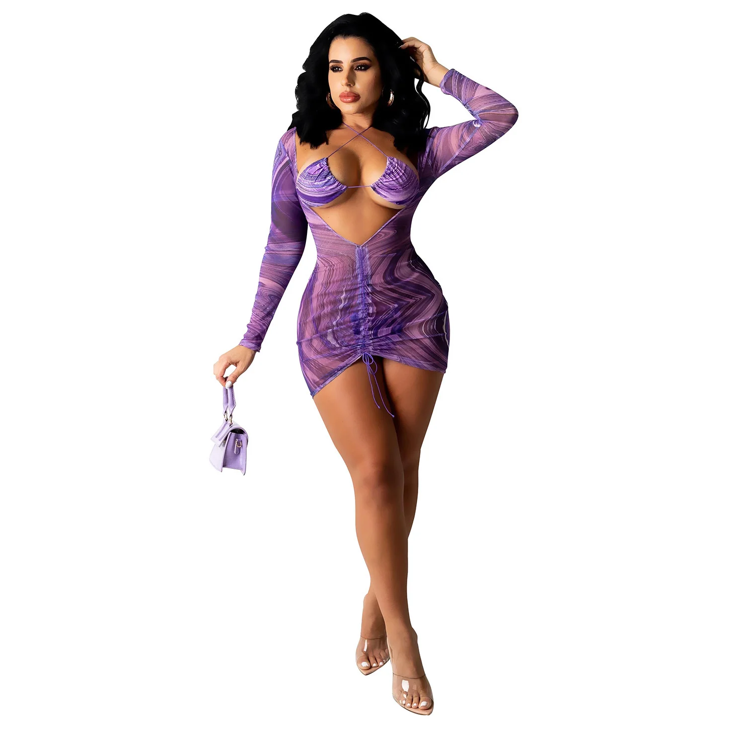 

Bodycon Dress With Bra Two 2 Piece Set Print Full Sleeve Club Dresses For Women Drawstring Ruched Fashion Summer Vestido