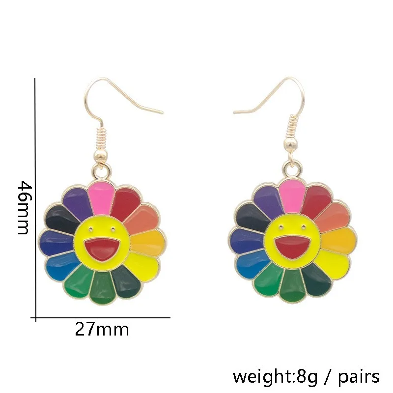 

New cute creative sunflower stud alloy drop oil earrings colorful smiley face.