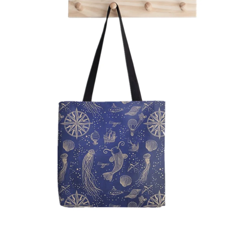 

Женская тканевая сумка-шоппер с принтом, небесно-голубого цвета