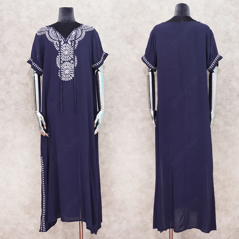 Женское Повседневное платье с коротким рукавом синее длинное v образным вырезом