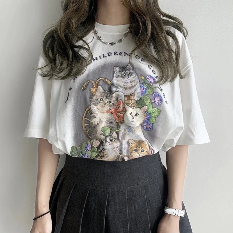 Летняя корейская модная рубашка Kawaii милый кот Ins винтажный Ретро стиль хипстер