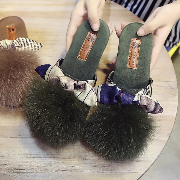 Женские шлепанцы новинка 2021 меховые женские на плоской подошве с бантом обувь из