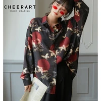 cheerart japanese fashion long sleeve blouse fall 2020 women vintage top crane print loose button up shirt autumn clothing