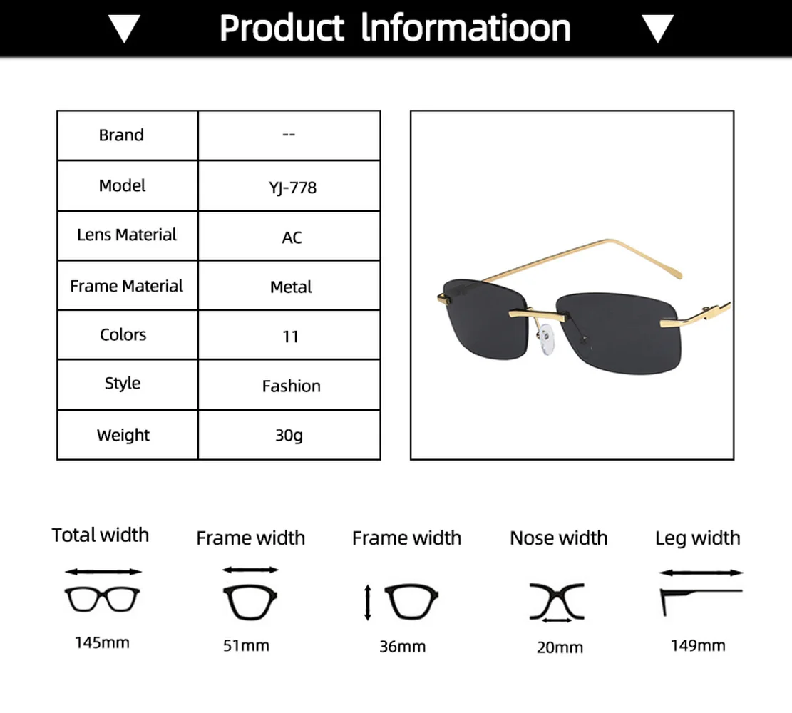

Narrow Small Rectangular Sunglasses For Women Men Rimless Metal Frame Retro Sun Glasses Female UV400 High Quality 2021 Summer