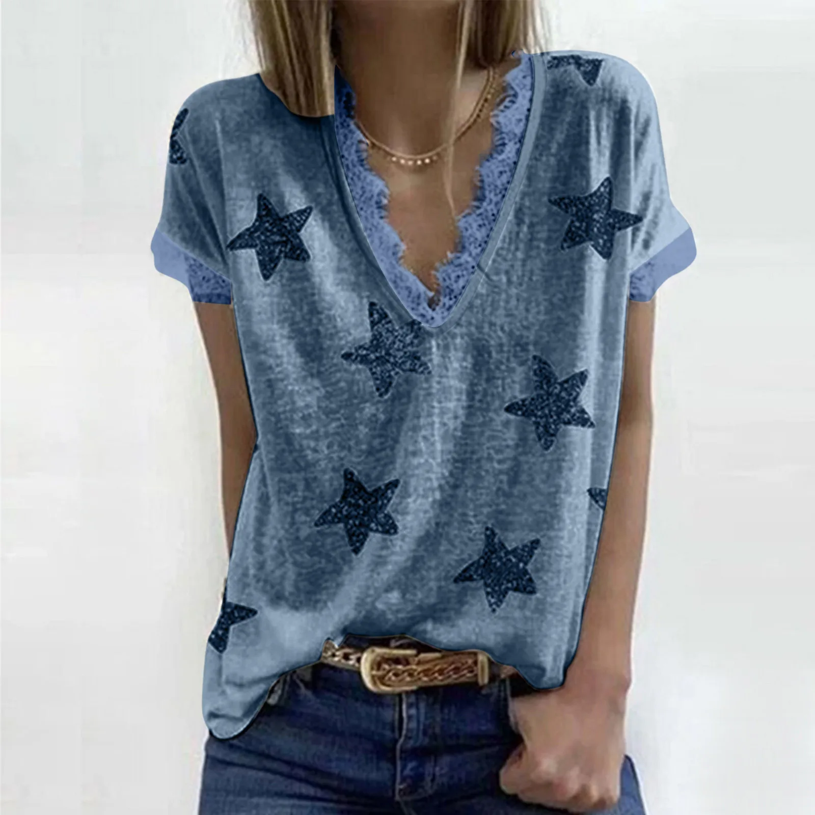 

Женская футболка с V-образным вырезом и принтом, с кружевом