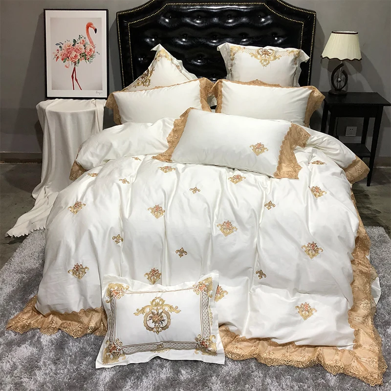 YTBestLife Luxury Royal Lace Bedding Set Egypian cotton Soft White Queen King Extra bed sheet Duvet cover set Pillow | Дом и сад