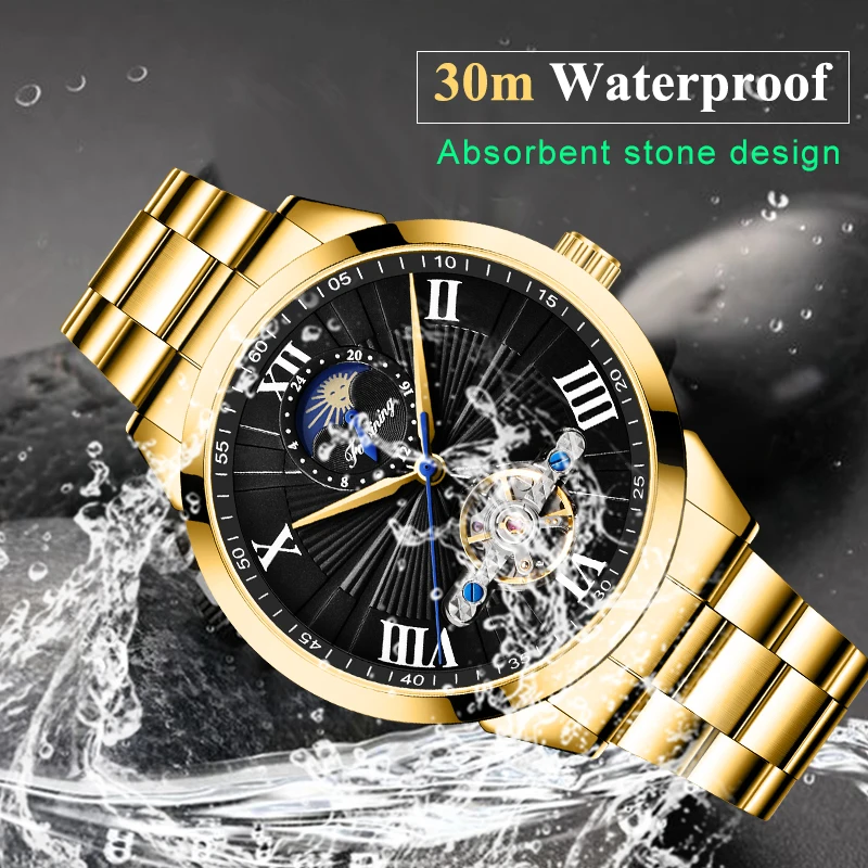 Royal Golden FORAINING Mens Automatic Wrist Watch Skeleton Stainless Steel Band Mechanical Moon Phase Waterproof ClockRelogio | Наручные