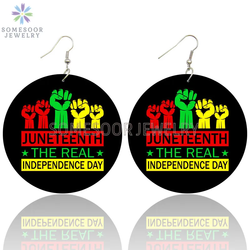 

SOMESOOR The Real Independence Day Juneteenth Printed Wooden Drop Earrings Celebrate Freedom Fist Black Loops Dangle For Women