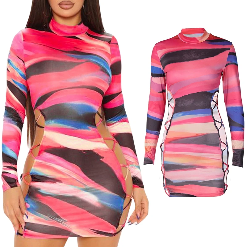 

Women Bodycon Dress, Long Sleeve High Neck Tie Dye Hollowed Club Party Mini Dress 2022 New Fashion