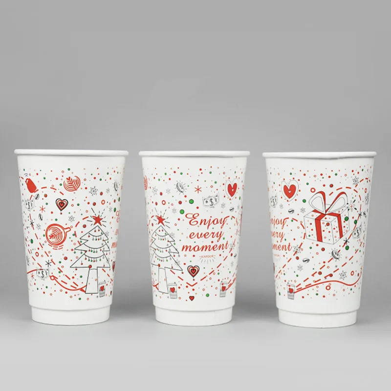 

50pcs Disposable Christmas New Year Red Coffee Milk Tea Cup Double Layer Hot Drink Insulation Party Favor Paper Cup With Lid