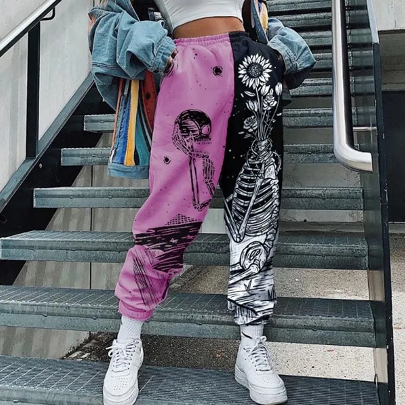 

Oeak Women Hip Hop Sweatpants Skull Print Patchwork Pants 2021 New Elastic Waist Pocket Overalls Casual Streetwear Joggers