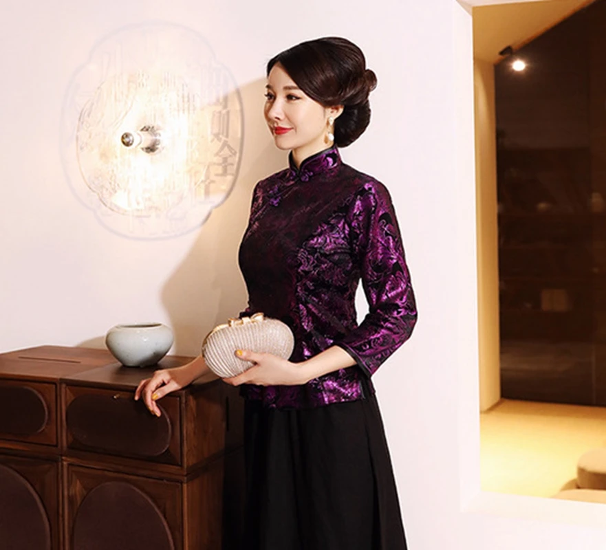 Китайский традиционный стиль осень зима бархат cheongsam женский короткий параграф семь точек рукав принт Тан костюм рубашка