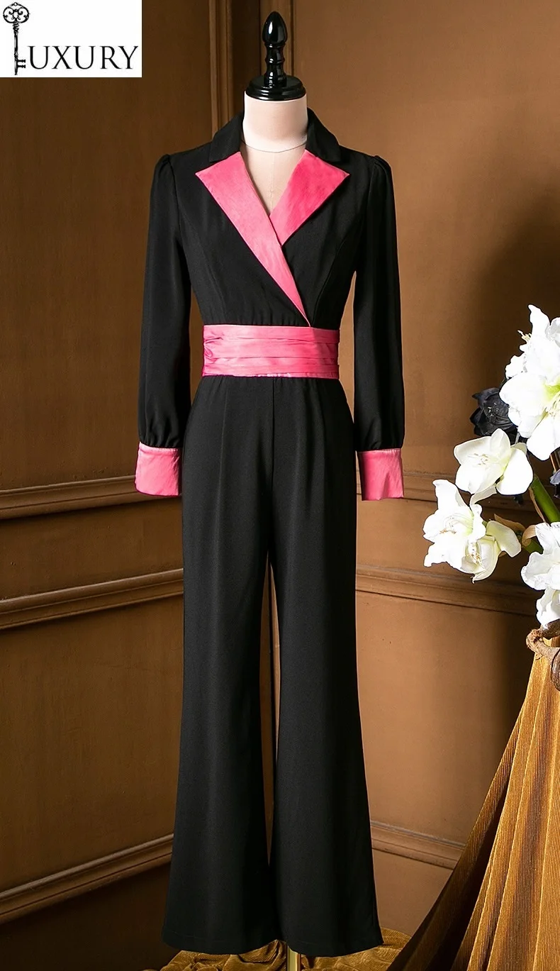 Autumn 2020 & Rompers Fashion Designer Women Notched Collar Pink Black Color Block Patchwork Long Sleeve Jumpsuits